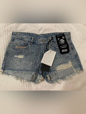 Diesel Light Blue Embellished Frayed Denim Shorts size 32